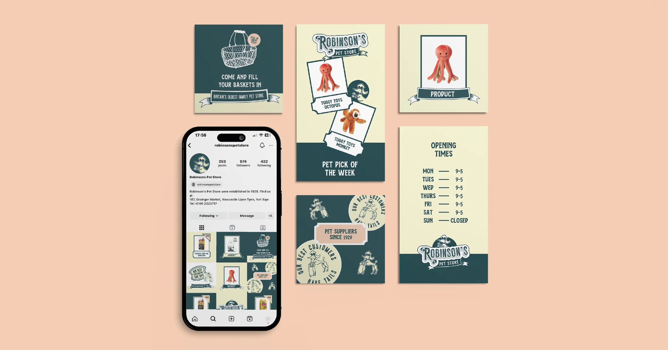 Heritage pet shop branding Instagram posts