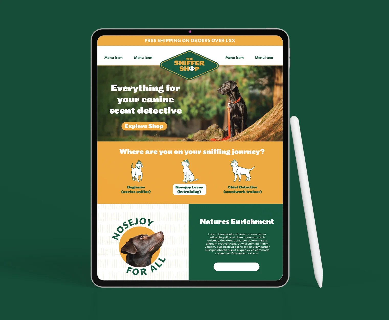 website layout for a pet product business